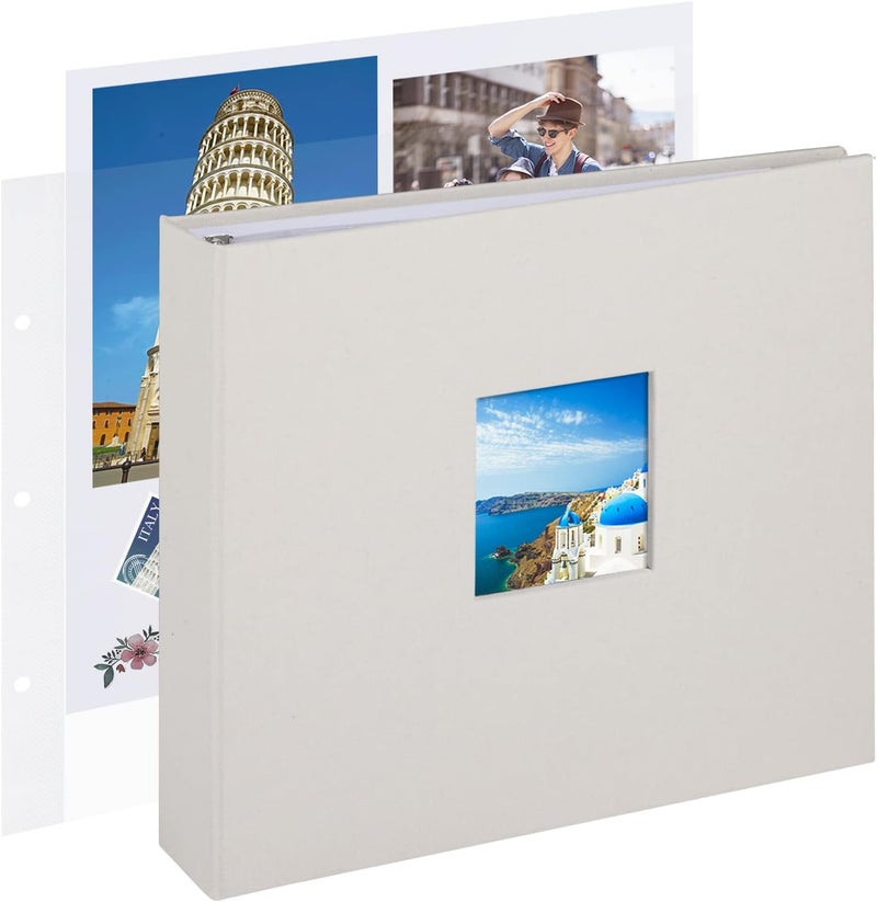 1DOT2 10x10 Inch 3 Ring DIY Scrapbook Photo Album Journal with 30 Plastic Sleeves 60 Pages and Fabric Cover for Baby Travel Wedding Couple Anniversary kids Adventure (Beige Cover/White Pages) - Image 1